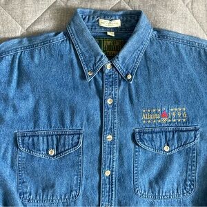 Atlanta 1996 Olympic Games By Terry Denim Shirt Mens Large Blue Vintage Cotton